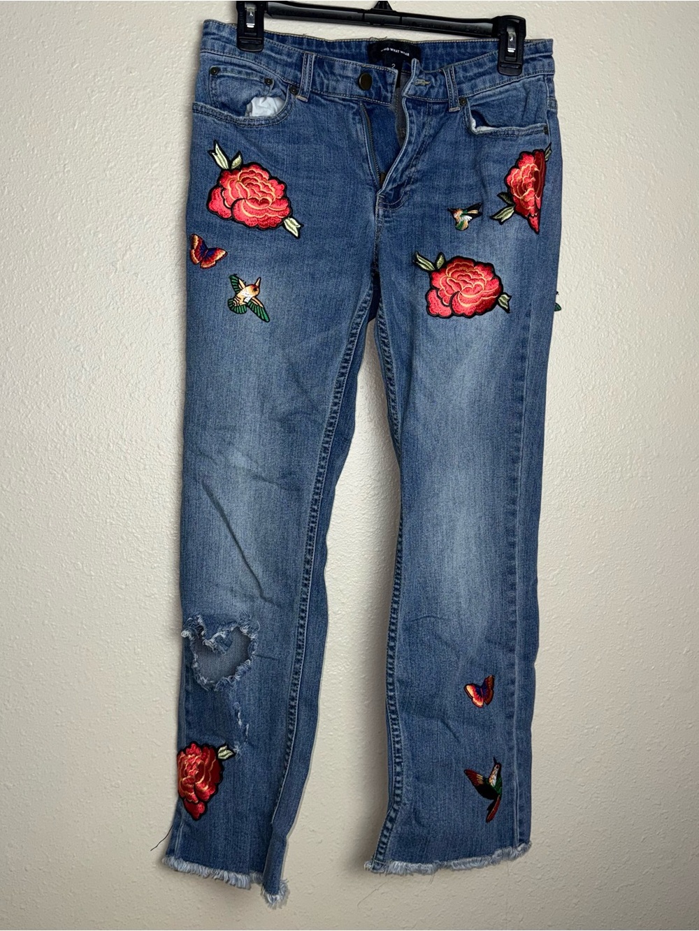 Distressed Straight-Leg Jeans with Red Rose & Hummingbird Embroidery